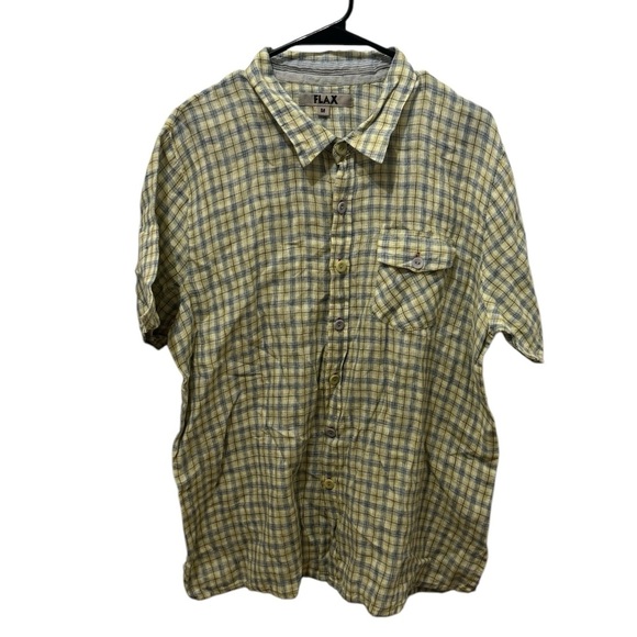 Men’s Flax Yellow Plaid Linen Button Down Shirt Size Medium - Picture 1 of 4